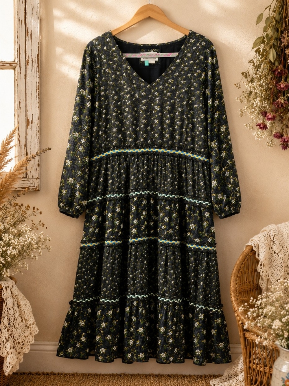 A+ Anthropologie Floral Tiered Prairie Boho Maxi Dress Black Green 16W